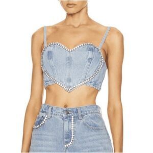 AREA NYC Crystal Trim Denim Heart Corset Top Light Blue Size 4 Rare & Chic